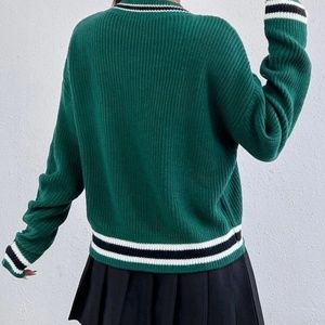 SHEIN Qutie Letter Patched Striped Trim Sweater